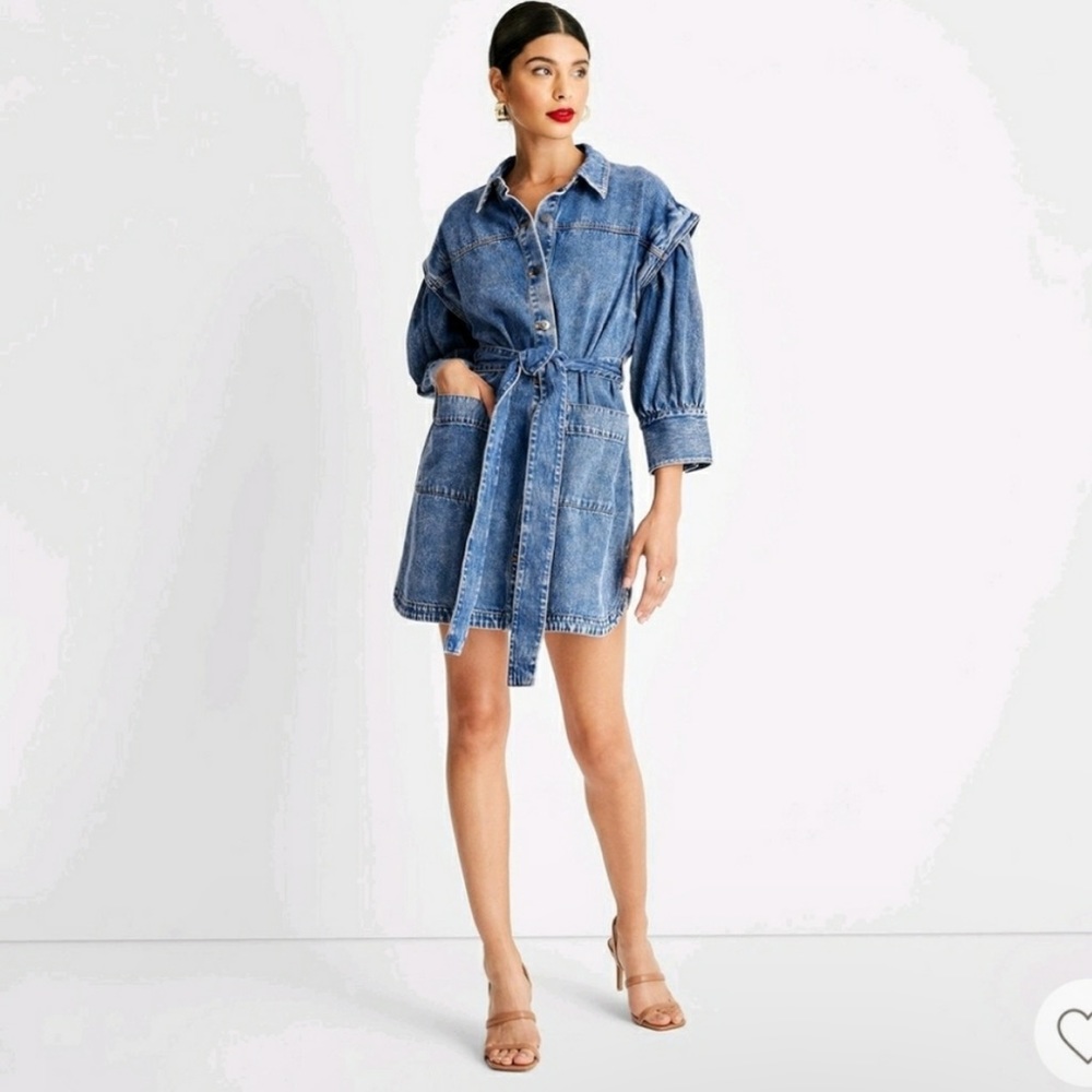 Denim Shirt Dress with Tie Waist - Blue